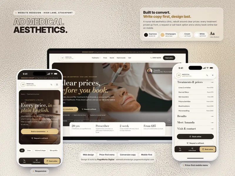 AD Medical Aesthetics website shown on a laptop and two phones