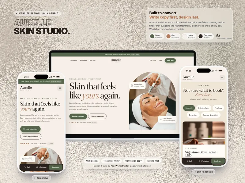 Aurelle Skin Studio website shown on a laptop and two phones
