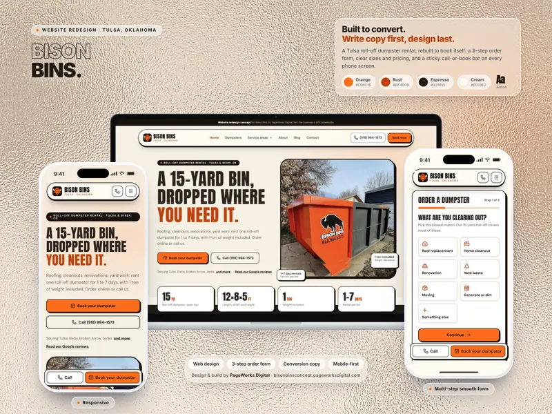 Bison Bins website shown on a laptop and two phones