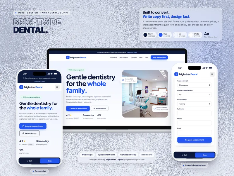 Brightside Dental website shown on a laptop and two phones
