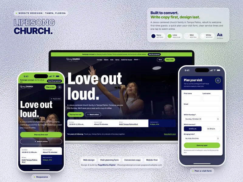 Lifesong Church website shown on a laptop and two phones