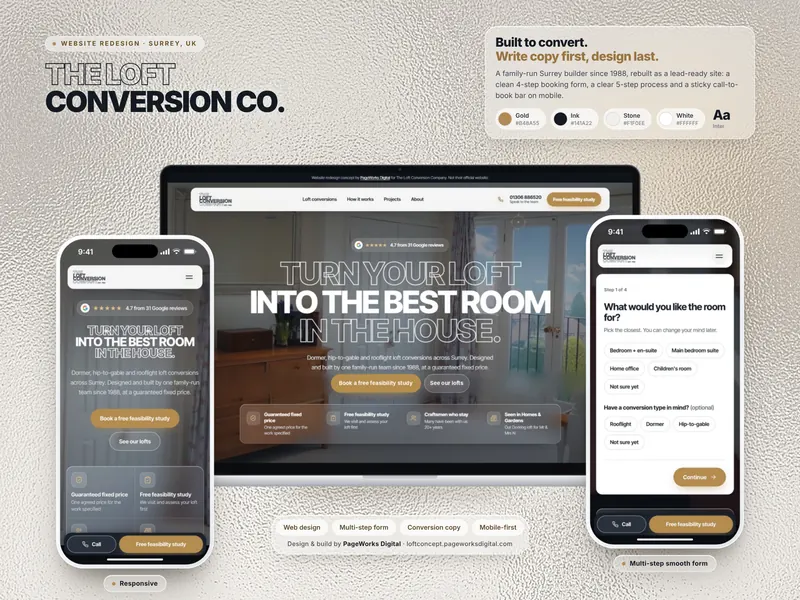 The Loft Conversion Co. website shown on a laptop and two phones