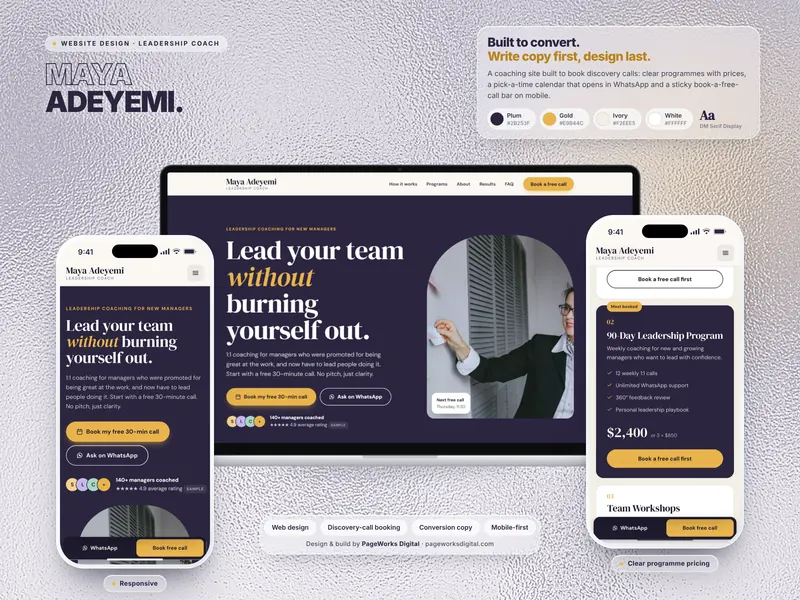 Maya Adeyemi website shown on a laptop and two phones