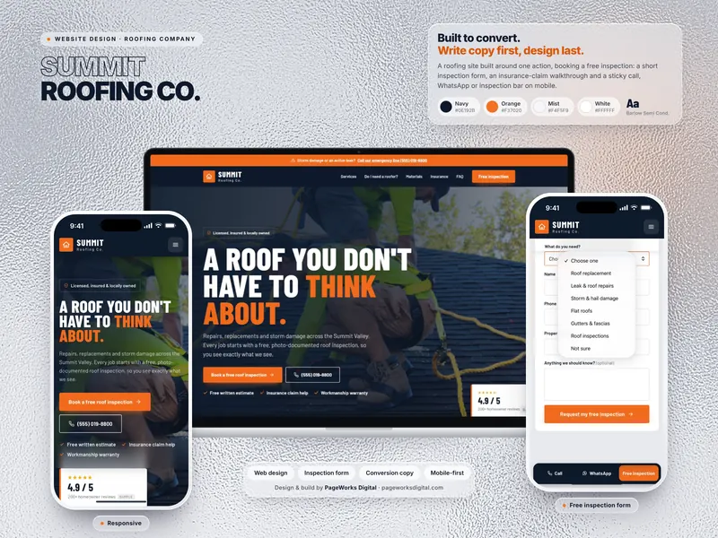 Summit Roofing Co. website shown on a laptop and two phones